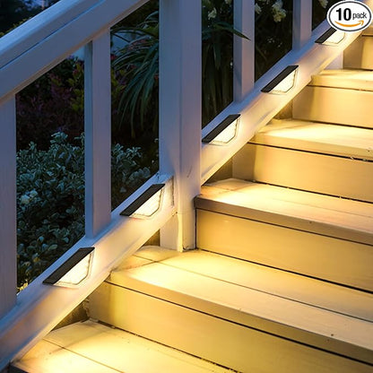 SOLPEX 10 Pack Four-Sided Illumination Solar Step Lights for Outside, Solar Stair Lights Outdoor, Solar Railing Lights Outdoor Waterproof with 33 LEDs for Steps, Stair, Deck, Porch (Warm White)