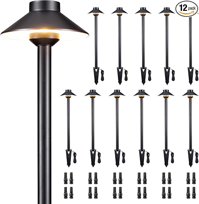 Gardenreet Solid Cast Brass Pathway Light - 12v LED Landscape Path Lights Outdoor Waterproof IP65, Electric Pathlights Wired, Hat Shape Black for Garden Decorations G4 Bulb Not Included (12 Pack)