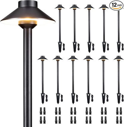 Gardenreet Solid Cast Brass Pathway Light - 12v LED Landscape Path Lights Outdoor Waterproof IP65, Electric Pathlights Wired, Hat Shape Black for Garden Decorations G4 Bulb Not Included (12 Pack)