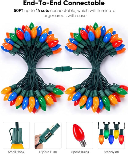 Vintage C9 LED Christmas Lights Outdoor, 50FT Multicolor Christmas String Lights with 50 Colorful Bulbs, Connectable Waterproof Lights for Christmas Tree Roofline Garden Patio Backyard Decoration