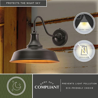 VAXCEL Dorado 11.5 in. H 1-Light Dark Bronze and Light Gold Dusk to Dawn Sensor Farmhouse Outdoor Wall Sconce, Gooseneck Steel Shade, Dark Sky Compliant for Exterior Porch Patio Front Door or Garage