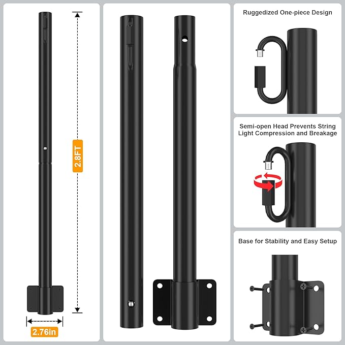 Suchtale 4 Pack 2.8 FT Outdoor String Light Poles, Suspension Fence Post Extender with Clip and Bracket, Deck | Lumora
