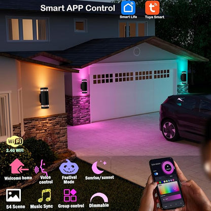 Remote Control RGB Color Changing Wall Lighting Up and Down Outdoor Wall Lights, White Temperature 2700k- 6500k Exterior Lights Fixtures Wall Mount - ETL Listed (3 Pack)