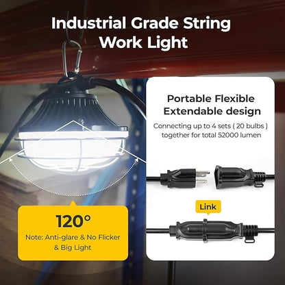 Aluminum Shell Construction String Lights：50FT 125W Linkable ETL Listed Super Bright LED Industrial Outdoor Temporary Lighting String Hanging Work Lights for Attic Jobsite