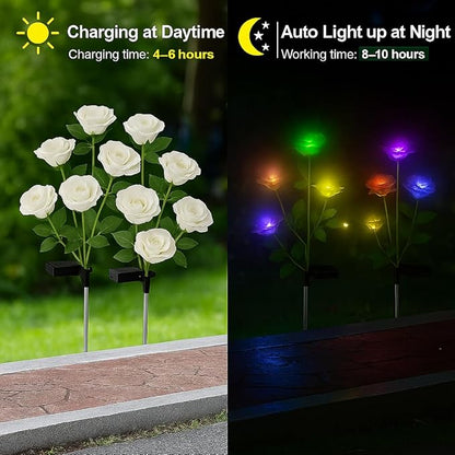 2 Pack Realistic Solar Rose Lights Flower Stake with 10 Roses, for Outdoor Garden Cemetery Patio Yard Pathway Decoration, White