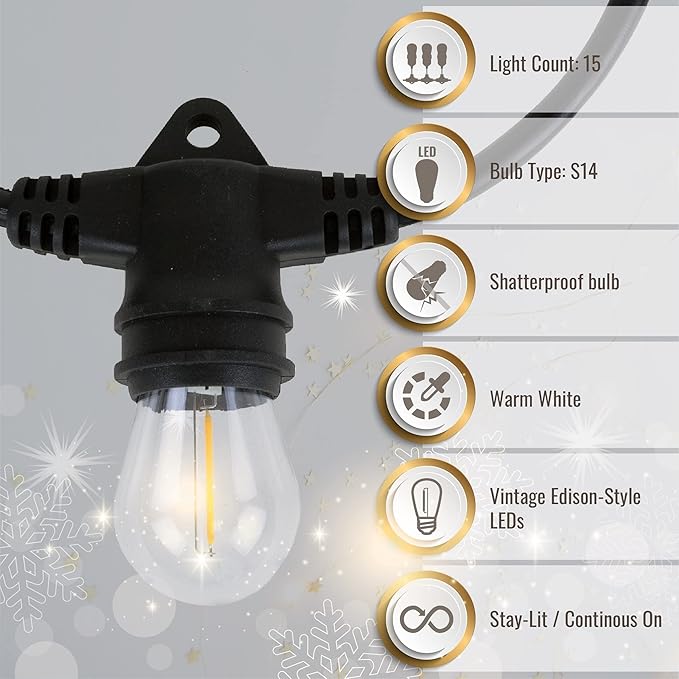 Aurio 48ft Waterproof Outdoor String Lights with Inline Vintage LED Edison Bulbs - Commercial Grade Patio Lights for Cafe Ambiance - 36 in Light Spacing