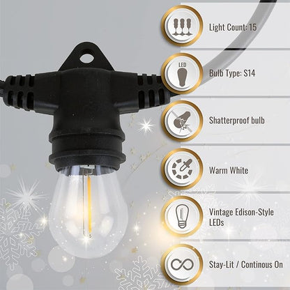 Aurio 48ft Waterproof Outdoor String Lights with Inline Vintage LED Edison Bulbs - Commercial Grade Patio Lights for Cafe Ambiance - 36 in Light Spacing
