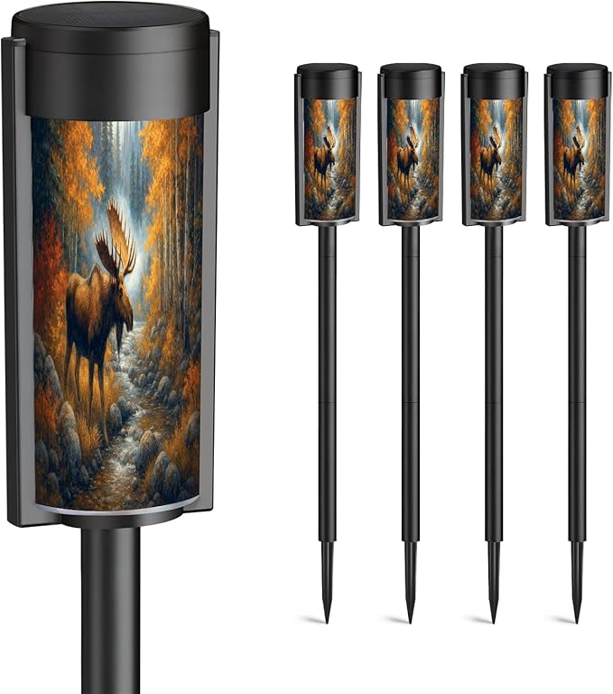 4 Pack Solar Pathway Lights Outdoor Waterproof Wildlife Painting Majestic Moose Rustic Wild Animal Elk Deer Moose Solar Garden Lights LED Landscape Lighting for Yard Walkway Lawn Garden Decor