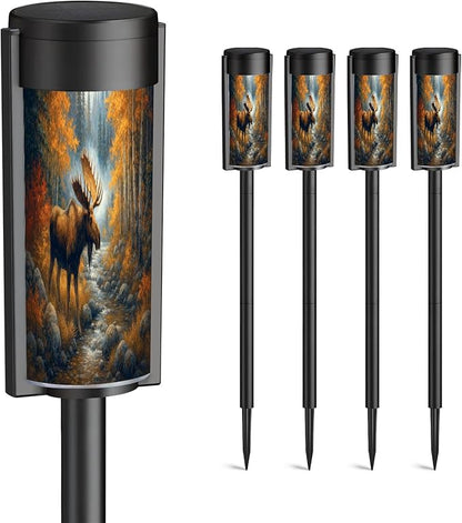 4 Pack Solar Pathway Lights Outdoor Waterproof Wildlife Painting Majestic Moose Rustic Wild Animal Elk Deer Moose Solar Garden Lights LED Landscape Lighting for Yard Walkway Lawn Garden Decor
