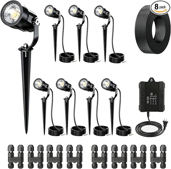 Low Voltage Landscape Lighting Kit, 8-Pack LED Bright Durable Spotlights 550Lumens, 65W Transformer with Sensor | Lumora