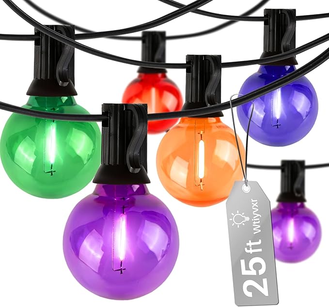 25 FT Colorful Outdoor String Lights G40 Globe Shatterproof Patio Lights,13 Plastic Edison Bulbs(1 Spare) IP65 Waterproof Dimmable LED Bulbs for Backyard Porch Balcony Party Decor, E12 Base