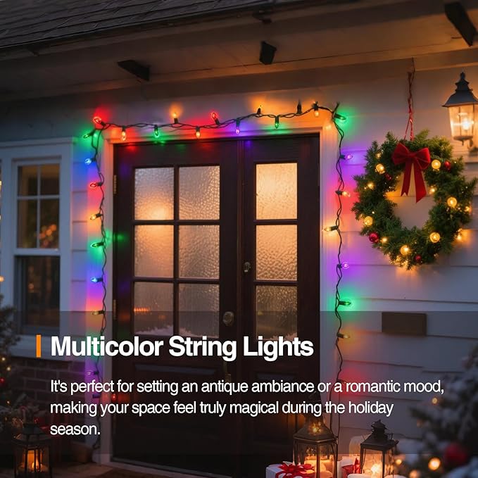 C7 Multicolor Christmas Lights Outdoor, 25FT Vintage String Lights with 27 Clear Colorful Bulbs for Patio, Garden, Porch Decor, Waterproof Connectable, Classic Incandescent Glow