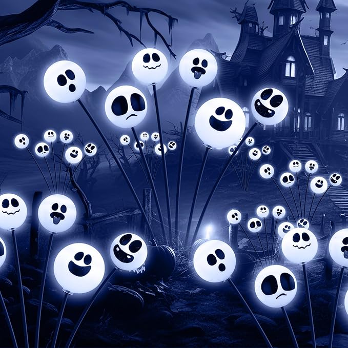Tuanse 2 Pcs Outdoor Halloween Decorations Waterproof Halloween Solar Lights Scary Ghost Lights for Garden Yard Lawn Pathway (White)