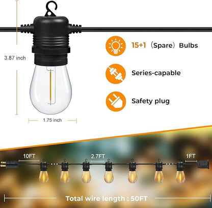 48FT S14 LED String Lights, Outdoor Patio Lights with Warm White 15 Shatterproof Plastic Bulbs for Backyard, Porch, Cafe, Wedding, Party Decoration