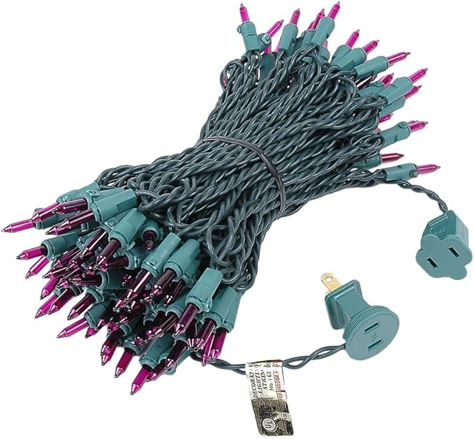 Novelty Lights 50 Feet 100 Bulbs Traditional Incandescent Mini Lights, Purple on Green Wire with 6" Spacing, Commercial Grade and UL Listed for Indoor/Outdoor Use, End-to-End Connectable