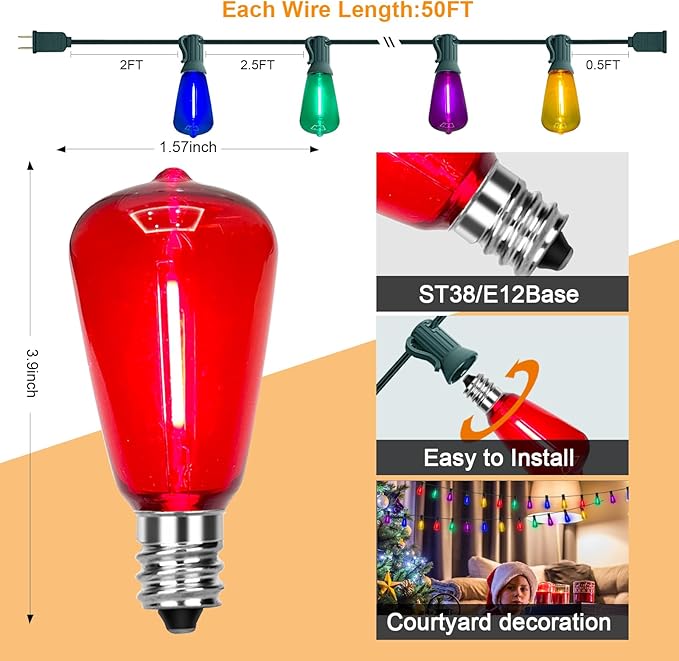 ST38 Multicolor Outside String Lights, 50FT Christmas Patio String Lights with 27 Multicolor Shatterproof LED Bulbs(2 Spare), Outside Hanging Lights for Outside Bistro Christmas Party Decorations