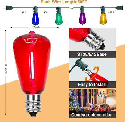 ST38 Multicolor Outside String Lights, 50FT Christmas Patio String Lights with 27 Multicolor Shatterproof LED Bulbs(2 Spare), Outside Hanging Lights for Outside Bistro Christmas Party Decorations