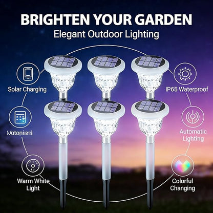 Solar Pathway Lights 6 Pack, Garden Landscape Lights with Colorful & Warm White Light - Automatic Solar Charging, IP65, Ideal Yard Decorations Backyard De