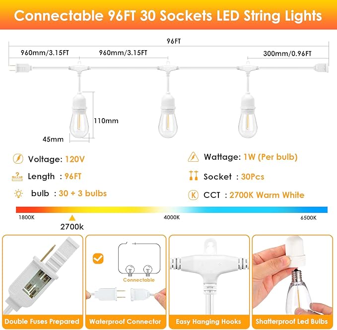 Mlambert White Cord 96FT Outdoor String Lights with 30+3 LED Plastic Bulbs, Dimmable Waterproof Shatterproof Linkable Patio Light for Pergola Backyard