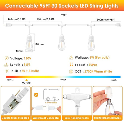 Mlambert White Cord 96FT Outdoor String Lights with 30+3 LED Plastic Bulbs, Dimmable Waterproof Shatterproof Linkable Patio Light for Pergola Backyard