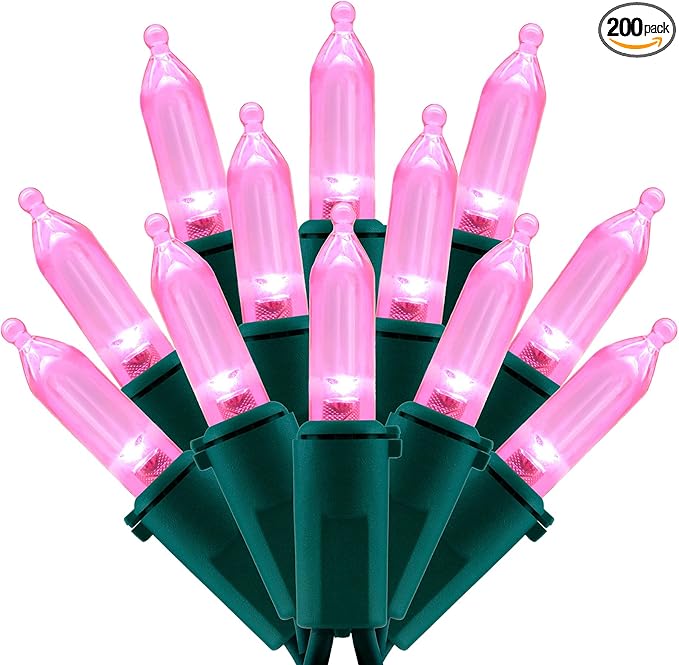 200 Count Pink LED Christmas Lights, 66 ft Green Wire UL Certified Commercial Grade Holiday String Light Set (Pink)