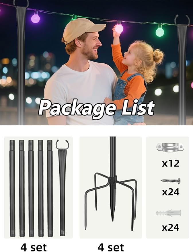 String Light Poles for Outside 4 Pack, 10ft Metal Outdoor String Light Poles for Deck - Ideal for Patio, Garden | Lumora