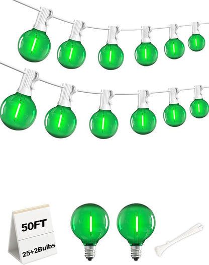 50Ft Outdoor String Lights Green Glow White Wire - Waterproof G40 LED Globe Patio Lights for St. Patrick's Day, Christmas, Garden Fence - 25 Shatterproof Bulbs, Connectable