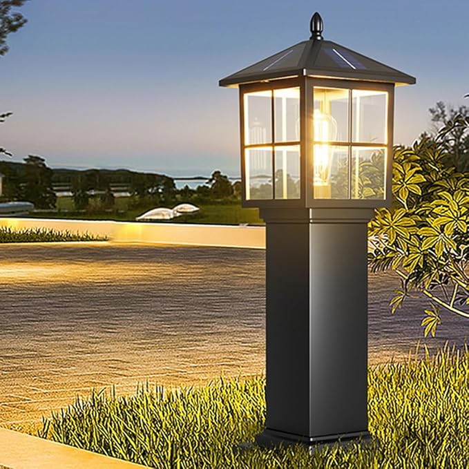 Solar Square Landscape Lights 23.6" Outdoor Solar Pathway Light Glass Bollard Lantern Auto On/Off Solar Garden Floor Lamp 3-Color Waterproof Solar Path Light For Lawn Courtyard Walkway Driveway