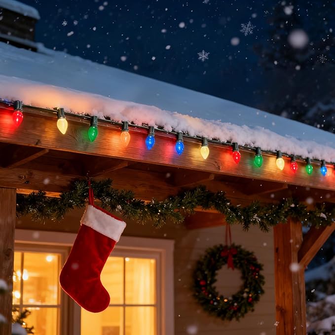 C7 Christmas Lights Outdoor, 25FT Vintage String Lights with 27 Multicolor Ceramic Bulbs for Patio Backyard Balcony Porch Decor, UL Listed, Waterproof Connectable, Classic Incandescent Glow