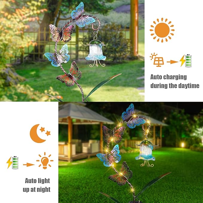 Bshine Solar Butterfly Lights Outdoor Garden Decoration Valentine's Day, Metal Stake Waterproof Hanging Flower | Lumora