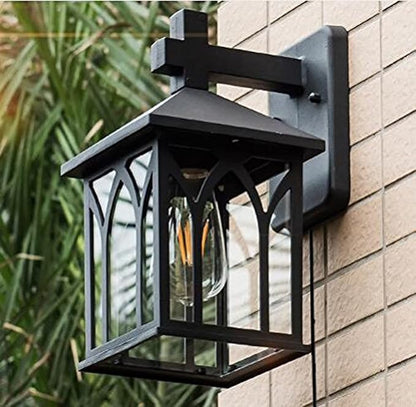 Kiven 1-Light Outdoor -Indoor Plug-in Wall Mount Lantern Downward Fixture with Timing Traditional Desigh Black Finish,Clear Glass Shade Timing Wall Lamp Waterproof Wall Sconce