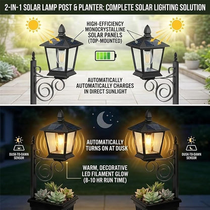 2-in-1 Outdoor Solar Lamp Post Light with Planter: Illuminate & Decorate Your Garden, 2-in-1 Solar Lamp Post with Planter, Solar Post Light with Planter, for Patio, Front/Back Door Decor (2 Set)