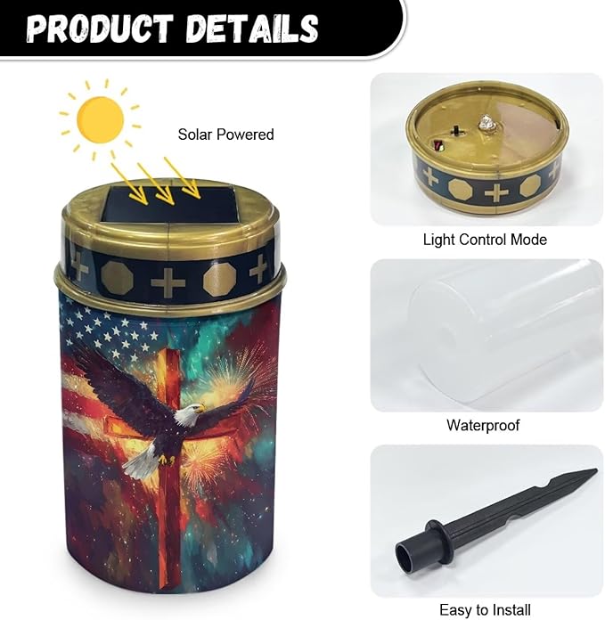 Solar Stake Lights Eagle with Cross Memorial Cemetery Decorations Solar Powered Lights