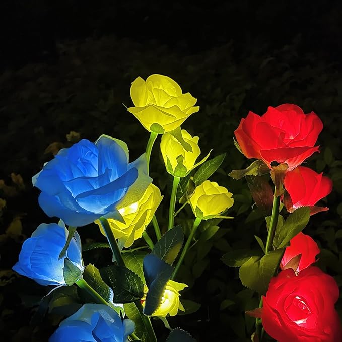 Outdoor Realistic Solar Powered Rose Flower Lights Stake,2 Pack 10 Rose Solar Garden Decorative Waterproof Lights | Lumora
