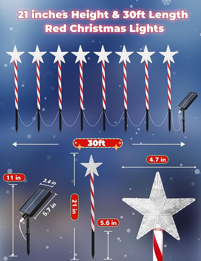 Solar Christmas Lights Outdoor 8 Pack, 2200mAh Solar Xmas Decorations Star Light, 8 Lighting Modes IP65 Waterproof Christmas Pathway Lights Outside for Garden, Yard, Street, Park, Holiday (RED)