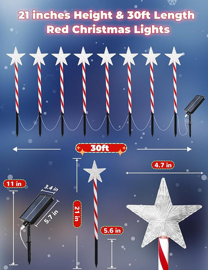 Solar Christmas Lights Outdoor 8 Pack, 2200mAh Solar Xmas Decorations Star Light, 8 Lighting Modes IP65 Waterproof Christmas Pathway Lights Outside for Garden, Yard, Street, Park, Holiday (RED)