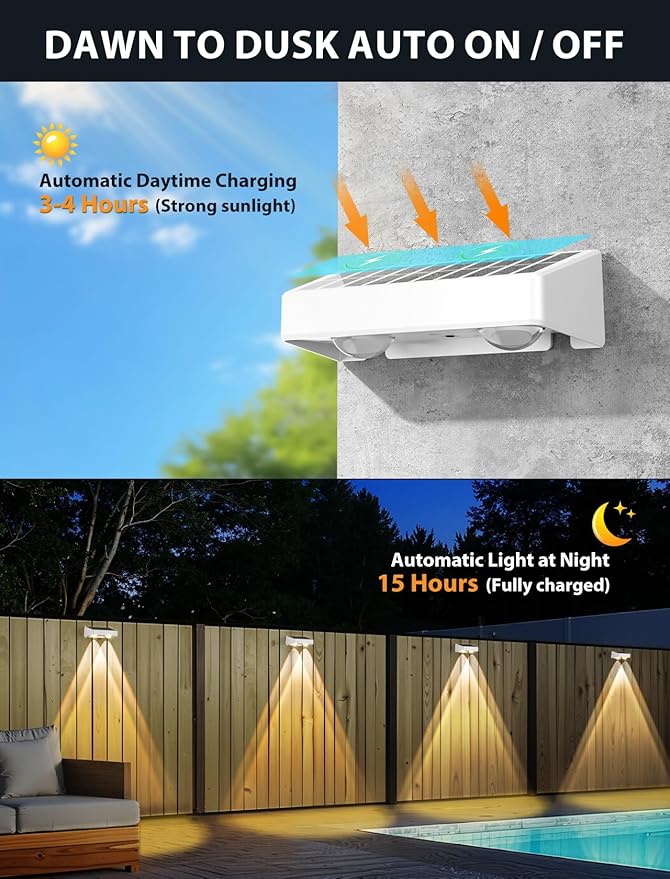 Solar Fence Lights, 7 RGB Colors, Warm White, Cool White Bright Lens LED, Dusk to Dawn Deck Light, Fence Solar Lights Outdoor Waterproof for Backyard/Railing/Wall/Step/Patio/Pool (4 Pack White Shell)