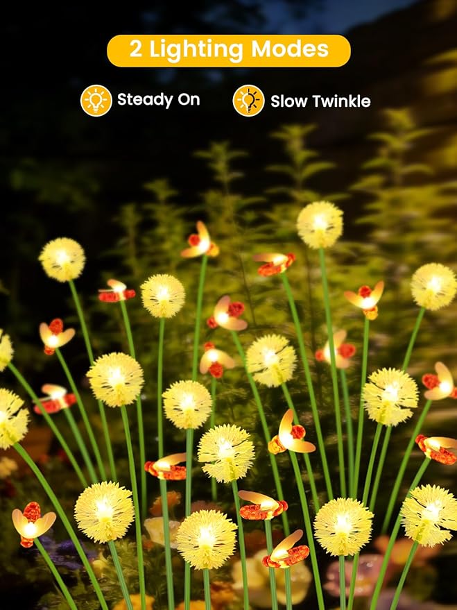 Solar Garden Lights Outdoor (2 Pack 16 LED), Solar Swaying Dandelion Bee Lights Waterproof, Cute Flower Pathway Lights for Yard Lawn Patio Decorations, 2 modes (Steady on, Slow Twinkle), Warm White