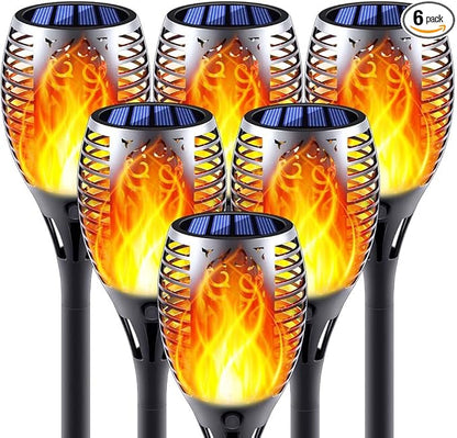 Solar Torch Light with Flickering Flame, 6 Pack Dancing Flame Torches for Patio, Auto On/Off Dust to Dawn Waterproof Outdoor Solar Lights for Garden Halloween Decorations
