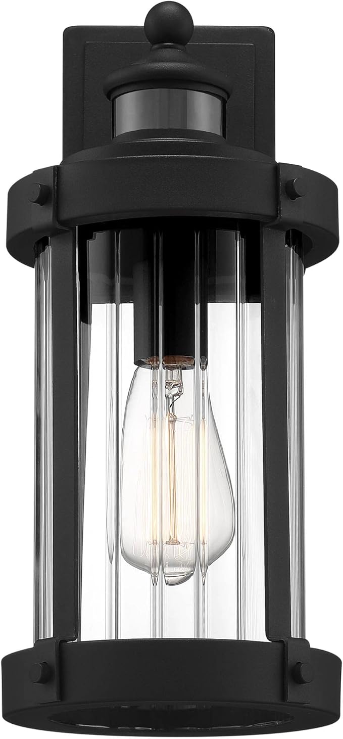 John Timberland Stan Modern Industrial Outdoor Wall Light Fixture Textured Black Metal 15" Clear Ribbed Glass for Exterior House Porch Patio Outside Deck Garage Yard Front Door Garden Home