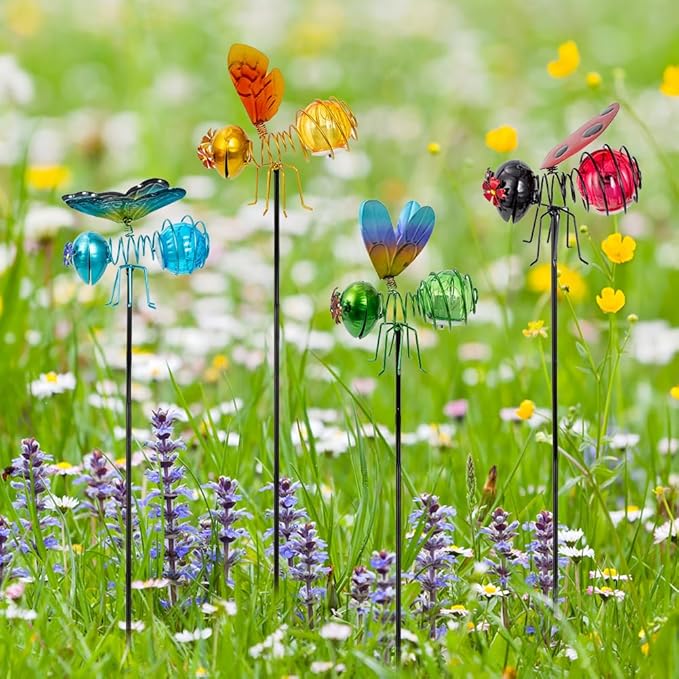 Insects Solar Garden Lights, 22.4" H Butterfly & Bee & Dragonfly & Ladybug Solar Stake Light, 4 Pcs Outdoor Statues | Lumora
