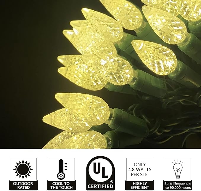 UL Listed 50 Count C6 Led Christmas Lights,C6 Strawberry Lights Bulbs,Outdoor Led String Lights for Garden Patio Halloween Christmas Trees Decoration,17 Feet Green Wire (Warm White)