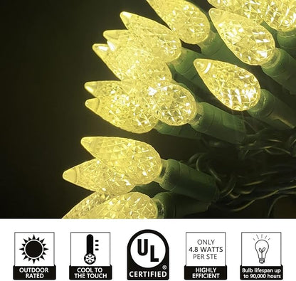 UL Listed 50 Count C6 Led Christmas Lights,C6 Strawberry Lights Bulbs,Outdoor Led String Lights for Garden Patio Halloween Christmas Trees Decoration,17 Feet Green Wire (Warm White)
