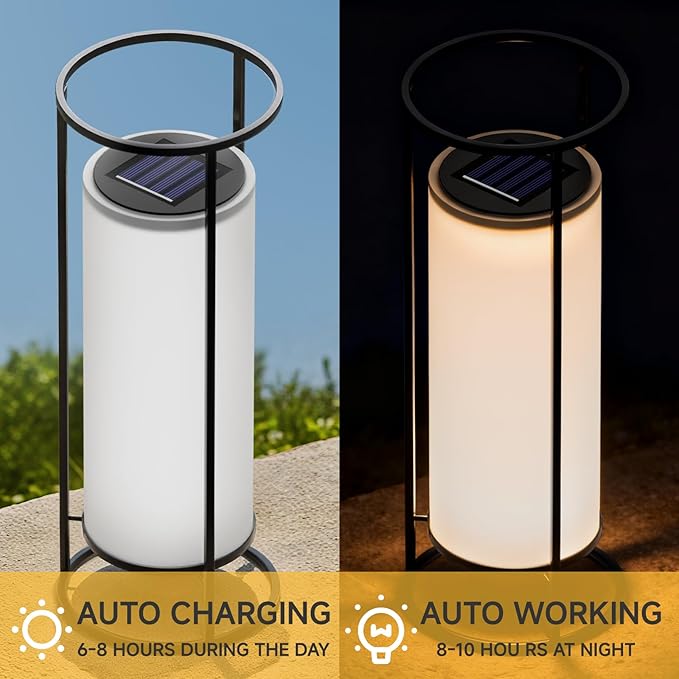 HOTEAGLE Outdoor Solar Lights,14.8" H Modern Metal Cylinder Solar Powered Lantern, Waterproof Decorative Table Lamp with Warm White LED, Dusk to Dawn Auto On/Off for Garden, Patio, Yard, Path Decor