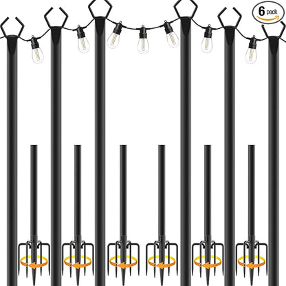 6 Pack 10 ft Heavy Duty Metal String Light Poles Adjustable Outdoor Lighting Stand for Patio,Backyard,Garden,Party & Wedding Rustproof & Sturdy with Hooks