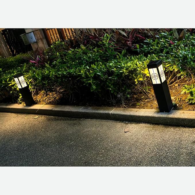 Solar Garden Path Lights Square Black Metal Pathway Lights Chinese Style Glass Bollard Lantern Dimming Landscape Lighting Fixture for Lawn Front/Back Door Balcony