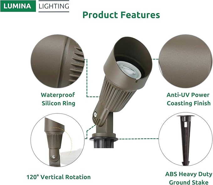 Lumina Lighting® 4W Landscape lighting 12V Landscape Lights Low Voltage Landscape Spotlights Warm White Waterproof Outdoor Replaceable LED Bulb for Garden, Lawn, Porch, Patio and Yard (Bronze, 2-Pack)