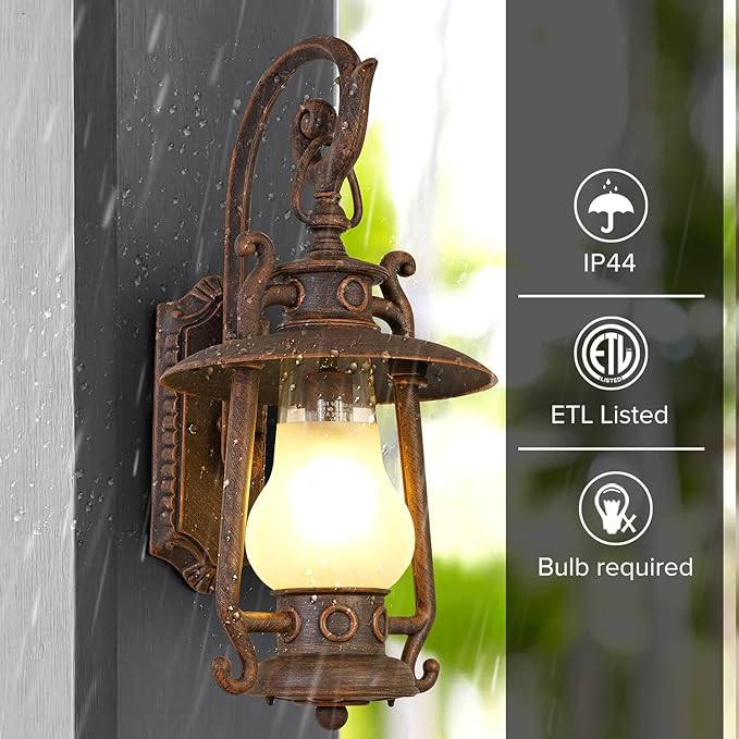 GZBtech Large Rustic Lantern Wall Sconce Outdoor, Vintage Rust Color Exterior Sconce Light, 110V Waterproof Kerosene Wall Mounted Lighting Fixture with Frosted Shade for Porch Garage Room, UL Listed