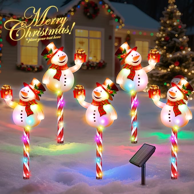 Solar Christmas Decorations Outdoor: Set of 5 Snowman Pathway Lights with Candy Cane Stakes - 10 Modes Waterproof Solar Powered Holiday Yard Decor for Garden Lawn Walkway - Gifts for Women Men