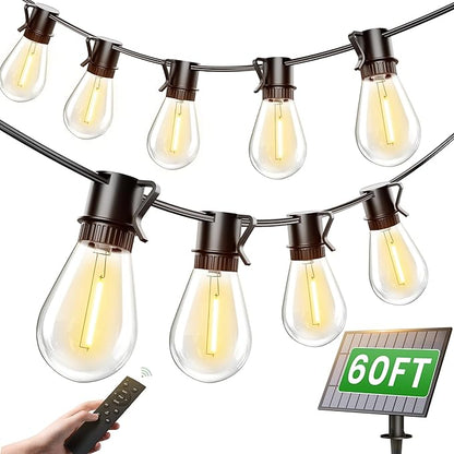 Torkase 60FT Solar Outdoor String Lights, 18+1 Shatterproof LED Bulbs, Waterproof, USB Rechargeable, 2200K Warm White, Energy-Saving Hanging Patio Lights for Garden, Porch, Bistro, Deck, Camping